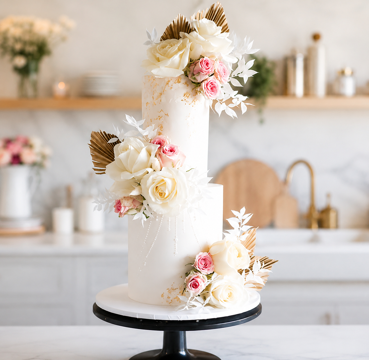 A white two-tier wedding cake decorated with cream and pink roses, gold leaf accents, and dried palm leaves, displayed on a black cake stand in a bright, modern kitchen setting.