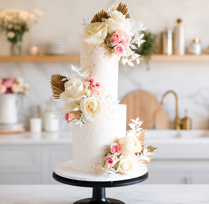 A white two-tier wedding cake decorated with cream and pink roses, gold leaf accents, and dried palm leaves, displayed on a black cake stand in a bright, modern kitchen setting.